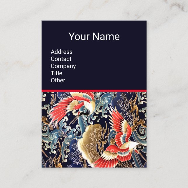 FLYING CRANES,WAVES,SPRING FLOWERS Floral Red Blue Business Card (Front)