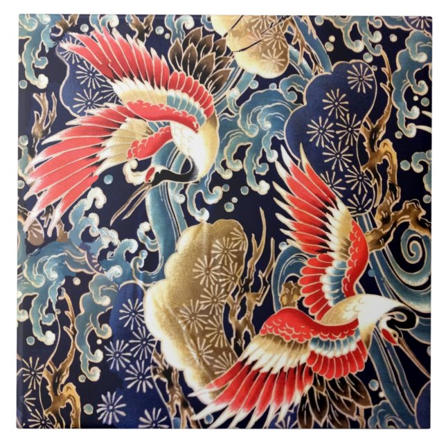 FLYING CRANES,WAVES,SPRING FLOWERS Japanese Floral Ceramic Tile (Front)