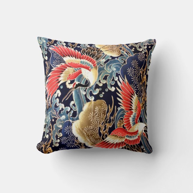 FLYING CRANES,WAVES,SPRING FLOWERS Japanese Floral Cushion (Front)