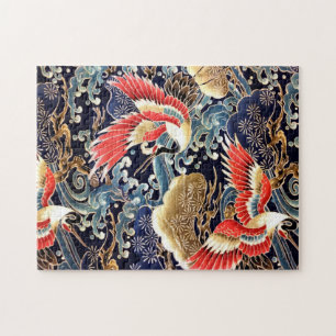 FLYING CRANES,WAVES,SPRING FLOWERS Japanese Floral Jigsaw Puzzle