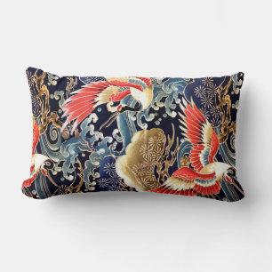 FLYING CRANES,WAVES,SPRING FLOWERS Japanese Floral Lumbar Cushion