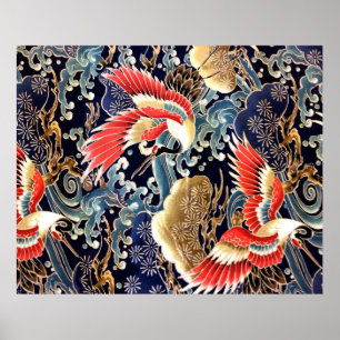 FLYING CRANES,WAVES,SPRING FLOWERS Japanese Floral Poster