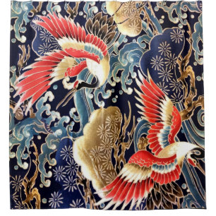 FLYING CRANES,WAVES,SPRING FLOWERS Japanese Floral Shower Curtain