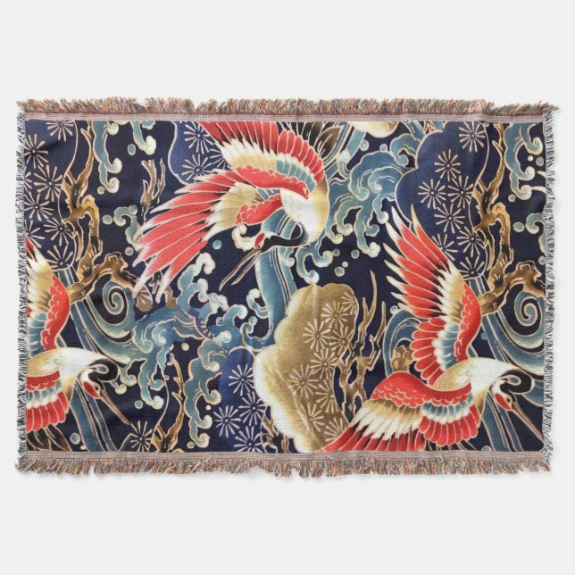 FLYING CRANES,WAVES,SPRING FLOWERS Japanese Floral Throw Blanket (Front)