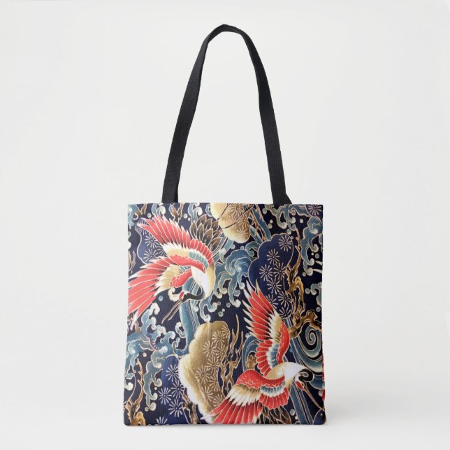 FLYING CRANES,WAVES,SPRING FLOWERS Japanese Floral Tote Bag (Front)