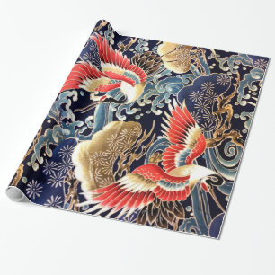 FLYING CRANES,WAVES,SPRING FLOWERS Japanese Floral Wrapping Paper