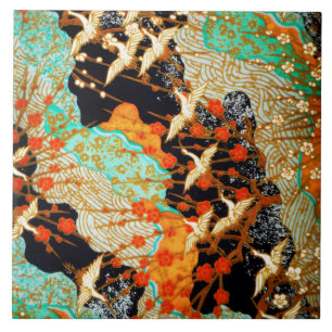FLYING CRANES WITH SPRING FLOWERS Japanese Floral Ceramic Tile