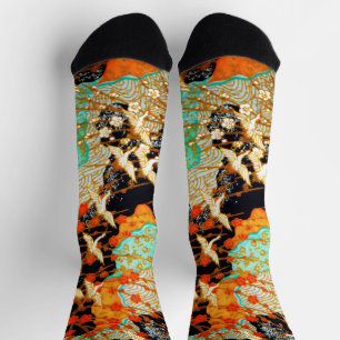 FLYING CRANES WITH SPRING FLOWERS Japanese Floral Socks