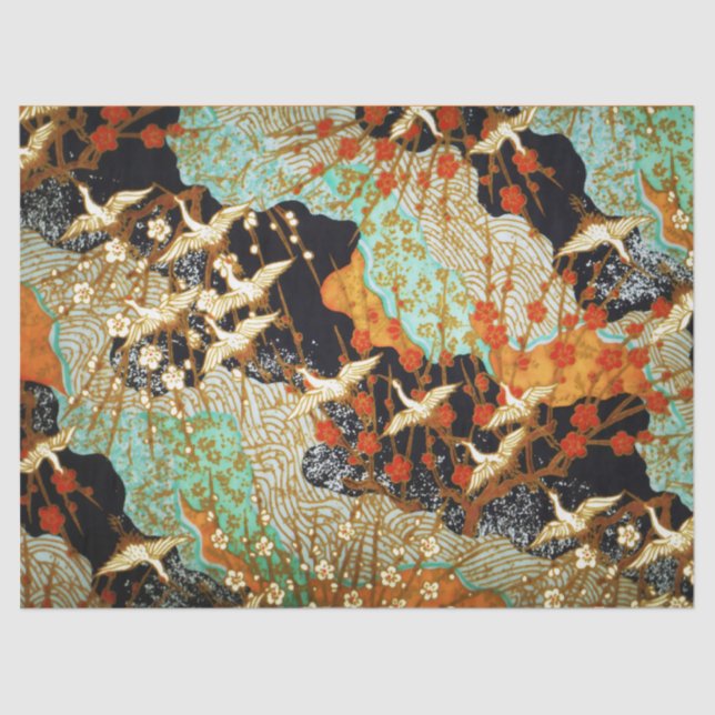 FLYING CRANES WITH SPRING FLOWERS Japanese Floral Tissue Paper (Front)