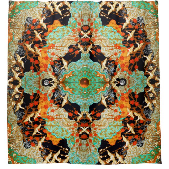 FLYING CRANES WITH SPRING FLOWERS Orange Gemstone Shower Curtain (Front)