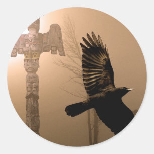 Flying Crow Spirit & Totem Pole Sacred Art Classic Round Sticker