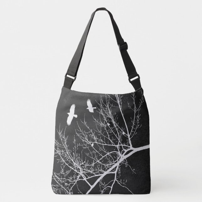Flying Crows and Trees Silhouette Gothic Theme Crossbody Bag (Front)