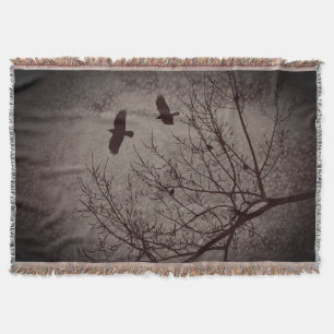 Flying Crows Tree Branches Birds Gothic Throw Blanket