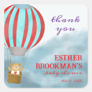 Flying Cute Cub in a Hot Air Balloon Baby Shower Square Sticker