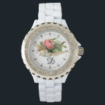 FLYING DOVE WITH PINK ROSE MONOGRAM WATCH<br><div class="desc">Beautiful pink red rose with a white dove for romantic weddings and Valentine's Day... Elegant cool vintage style floral design</div>