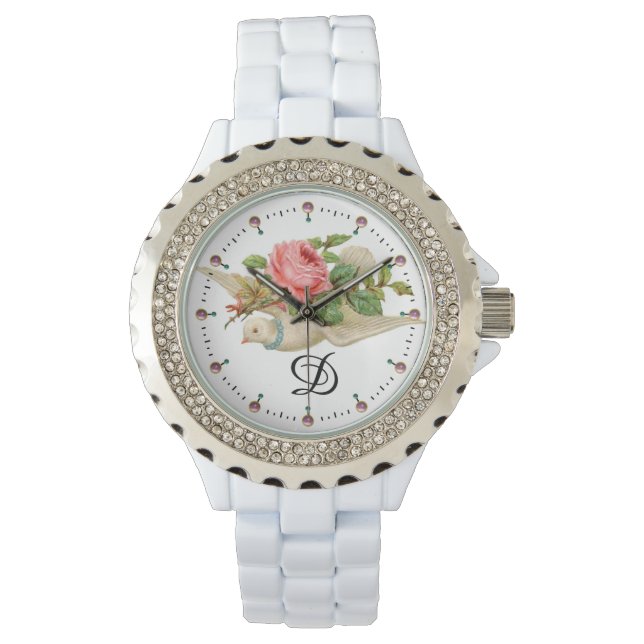 FLYING DOVE WITH PINK ROSE MONOGRAM WATCH (Front)