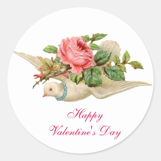 FLYING DOVE WITH PINK ROSE VALENTINE'S DAY CLASSIC ROUND STICKER (Front)