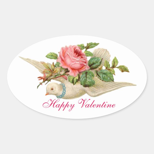 FLYING DOVE WITH PINK ROSE VALENTINE'S DAY OVAL STICKER (Front)