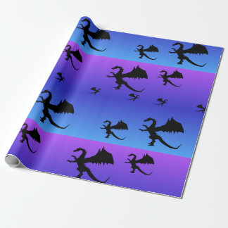 Flying Dragon Silhouette Purple Blue Wrapping Paper