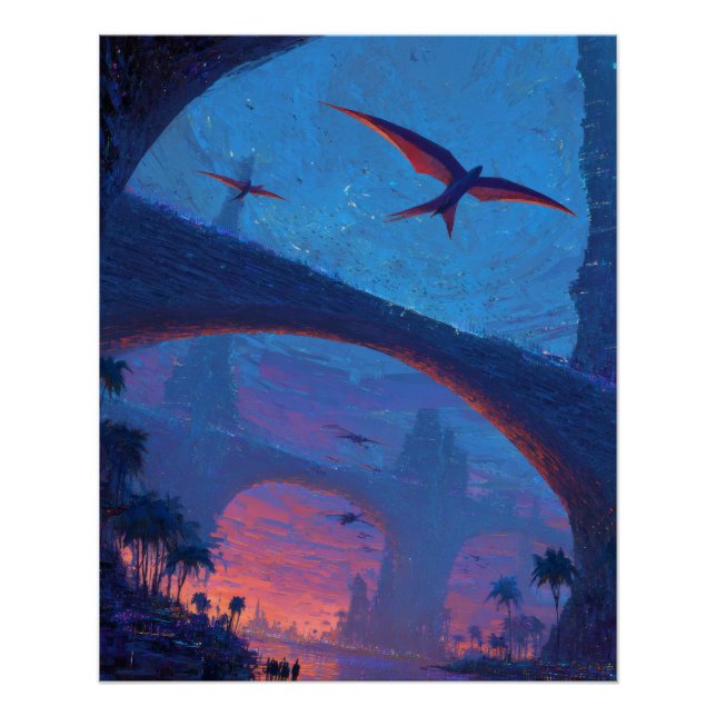 Flying Dragon Sunset Bridge Fantasy Art Poster (Front)