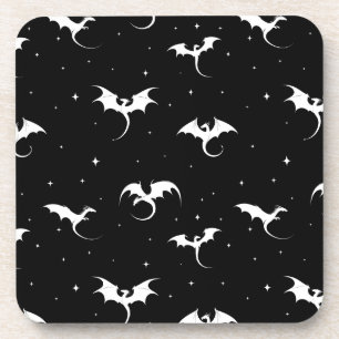 Flying dragons and stars on black background coaster