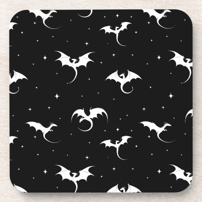 Flying dragons and stars on black background coaster (Front)