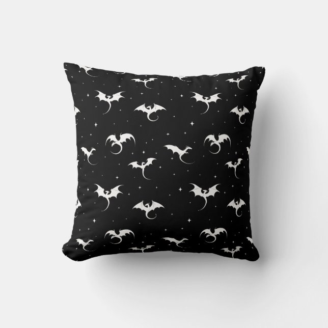 Flying dragons and stars on black background cushion (Front)