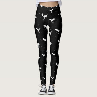 Flying dragons and stars on black background leggings