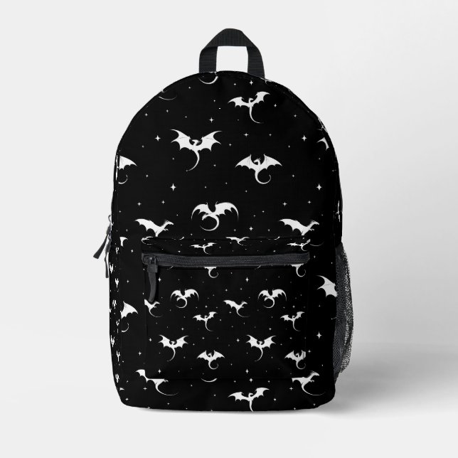Flying dragons and stars on black background printed backpack (Front)