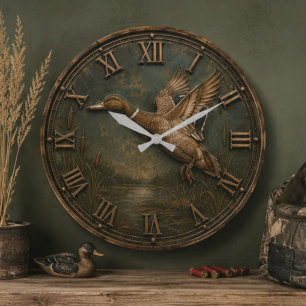 Flying Duck Rustic Waterfowl Hunting Cabin Decor Large Clock