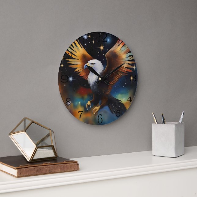 Flying Eagle Colourful Cosmic Art, Large Clock (Office)