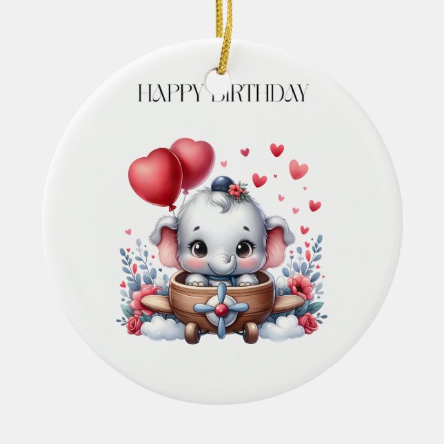 Flying Elephant Birthday Ceramic Ornament (Front)