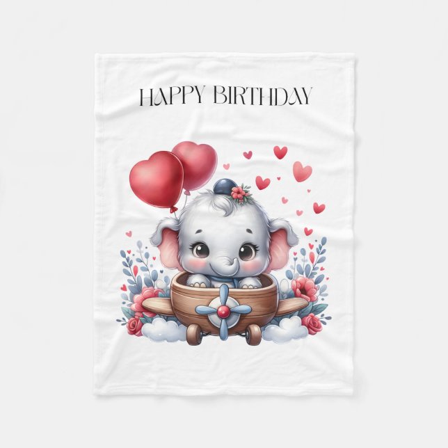Flying Elephant Birthday Fleece Blanket (Front)