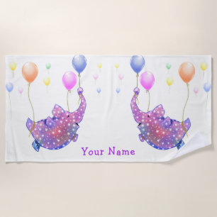 Flying Elephant Funny Beach Towel Custom Name Text