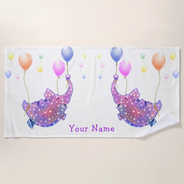 Flying Elephant Funny Beach Towel Custom Name Text (Front)