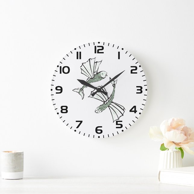 Flying Fish Hand Drawn Ocean Creature Large Clock (Creator Uploaded)