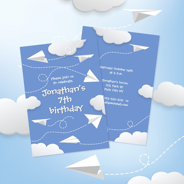 flying folded paper aeroplanes any childs birthday announcement (front & back views - paper airplanes themed birthday party invite with your custom color background)