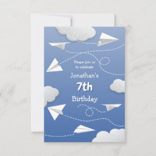 flying folded paper aeroplanes childrens birthday announcement