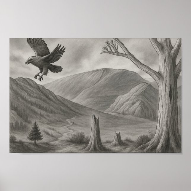 Flying Free – Monochrome Wilderness Sketch Art Poster (Front)