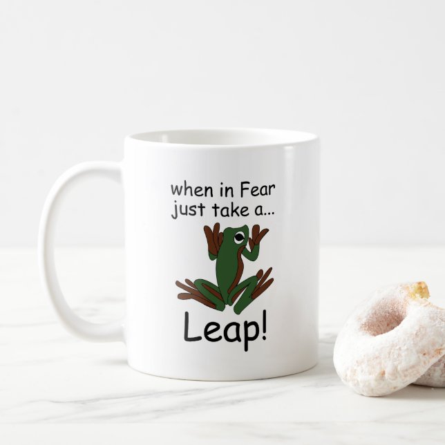 Flying Frog Taking A Leap When In Fear Funny Coffee Mug (With Donut)