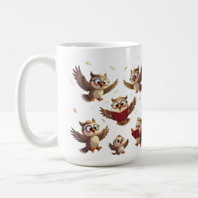 "Flying Funny Owls – Disney Cartoon Style" Coffee Mug (Left)
