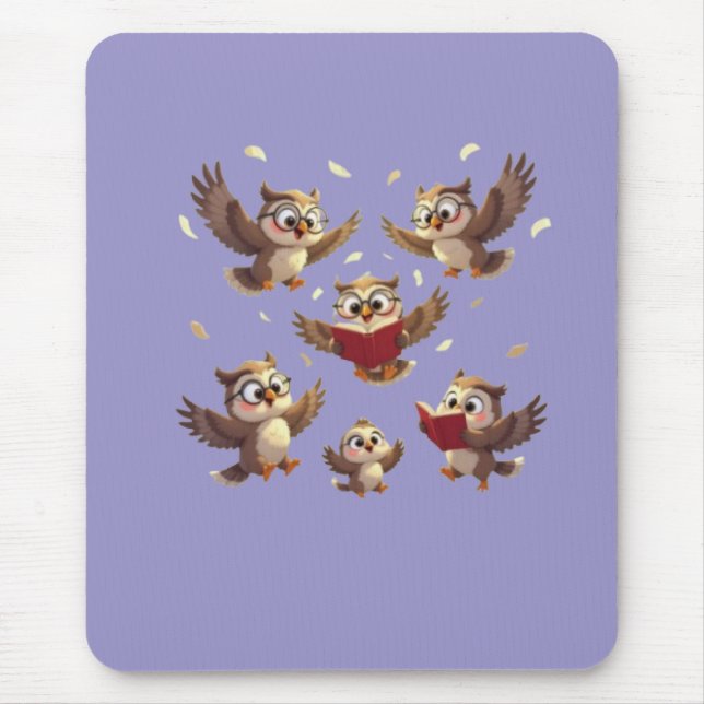 "Flying Funny Owls – Disney Cartoon Style" Mouse Pad (Front)