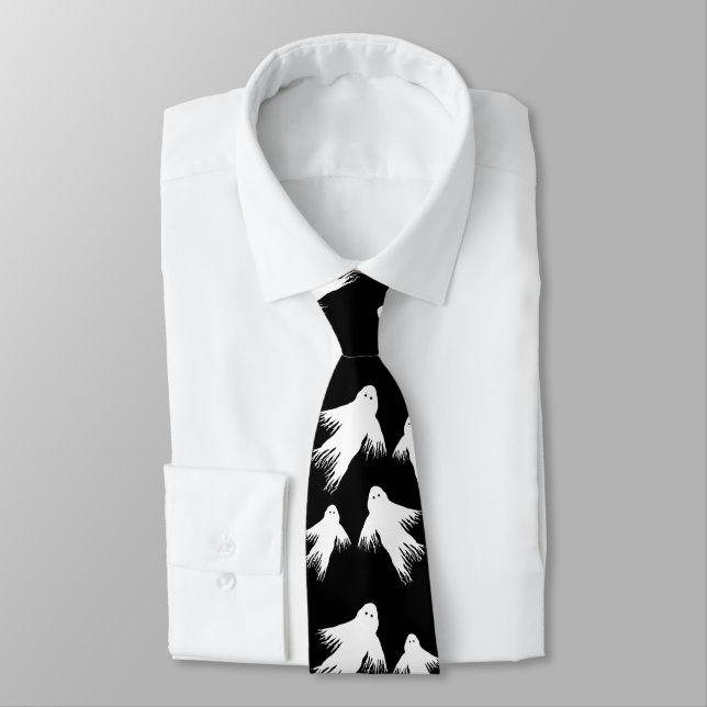 Flying Ghosts Halloween Black n White Patterned Tie (Tied)