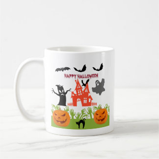 Flying Ghoulish Ghost, Bats, Pumpkins,Black Cat Coffee Mug
