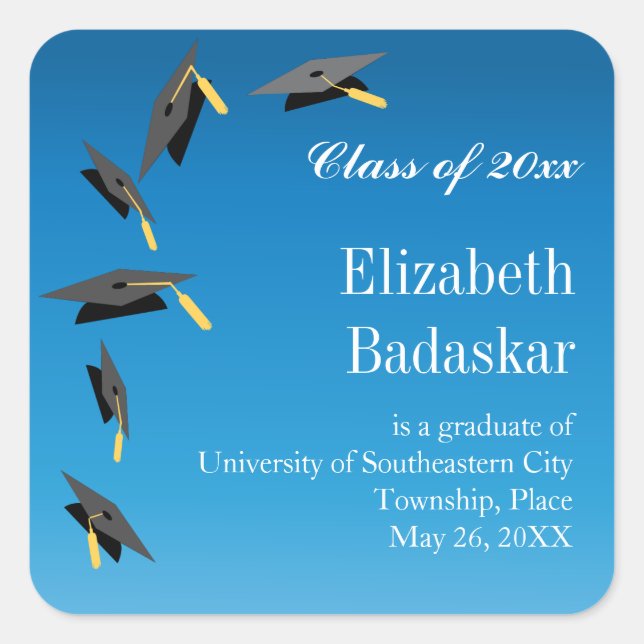 Flying Graduation Caps Announcement Square Sticker (Front)