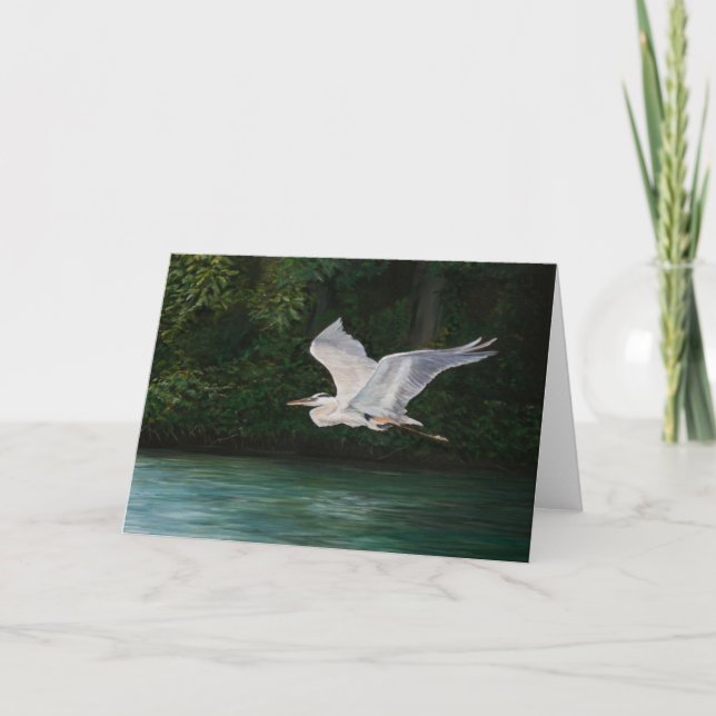 "Flying Great Blue Heron" Bird Art Greeting Card (Front)