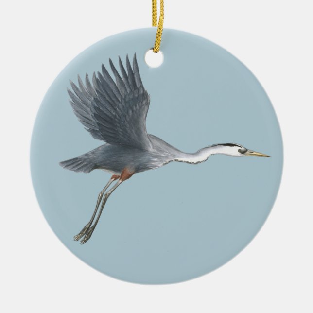 Flying Great Blue Heron Ceramic Ornament (Front)