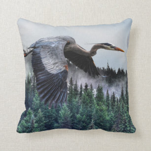 Flying Great Blue Heron & Misty Forest Wildlife Cushion