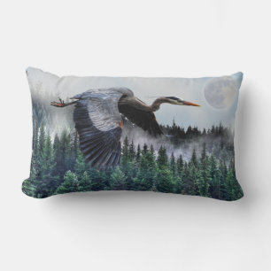 Flying Great Blue Heron & Misty Forest Wildlife Lumbar Cushion