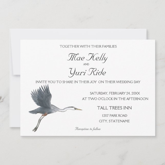 Flying Great Blue Heron Wedding Invitation (Front)